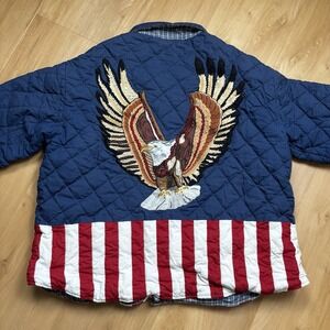 VTG Patch Magic Womens SZ XL Quilted Reversible Jacket USA Flag Stars Eagle Back